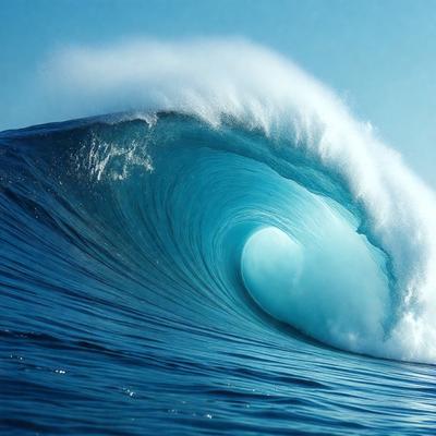 The primary subject of the image is a large, blue ocean wave. The wave is crashing down, creating a powerful and dynamic scene. The setting is the open ocean, with no visible land or other objects in the background. The visual style of the image is a photo, capturing the natural beauty of the ocean and its waves. The dominant colors in the image are blue and white, with the blue wave and white foam creating a sense of depth and movement.